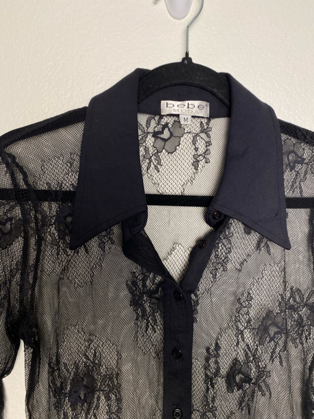EUC bebe Black Sheer Lace Button‑Up Top Size M | Y2K Mesh Floral Blouse - Picture 3 of 8